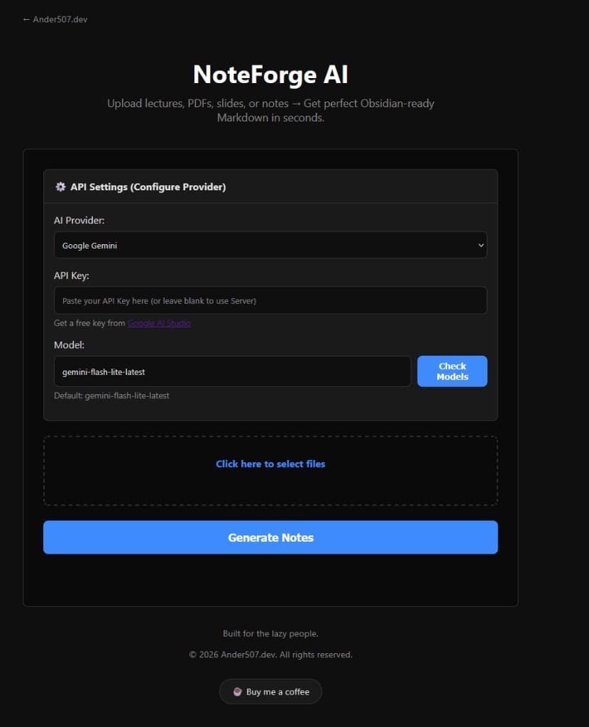 NoteForge AI upload screen